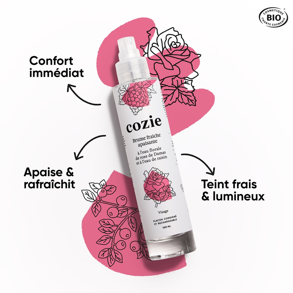 Brume fraîche apaisante - à l’eau florale de rose et à l’eau de raisin - Certifiée Cosmos organic